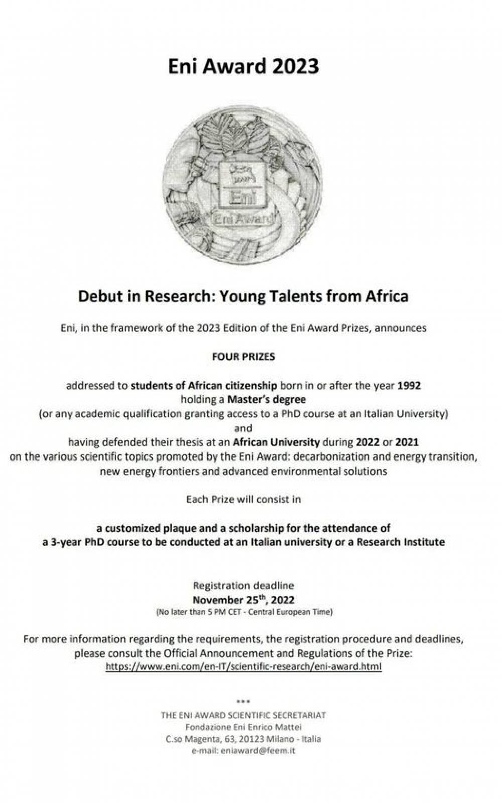 Eni Award Debut in Research Young Talents for Africa Prize